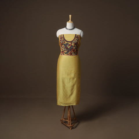 Yellow - Handpainted Srikalahasti Handloom Chanderi Silk Unstitched Kurta (2.5M) 06