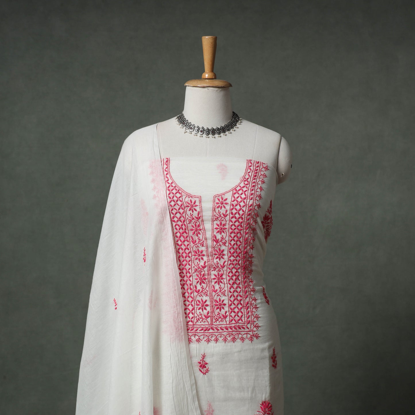 Lucknowi Chikankari Mul Chanderi Unstitched Dress Material: Kurta with Dupatta 18