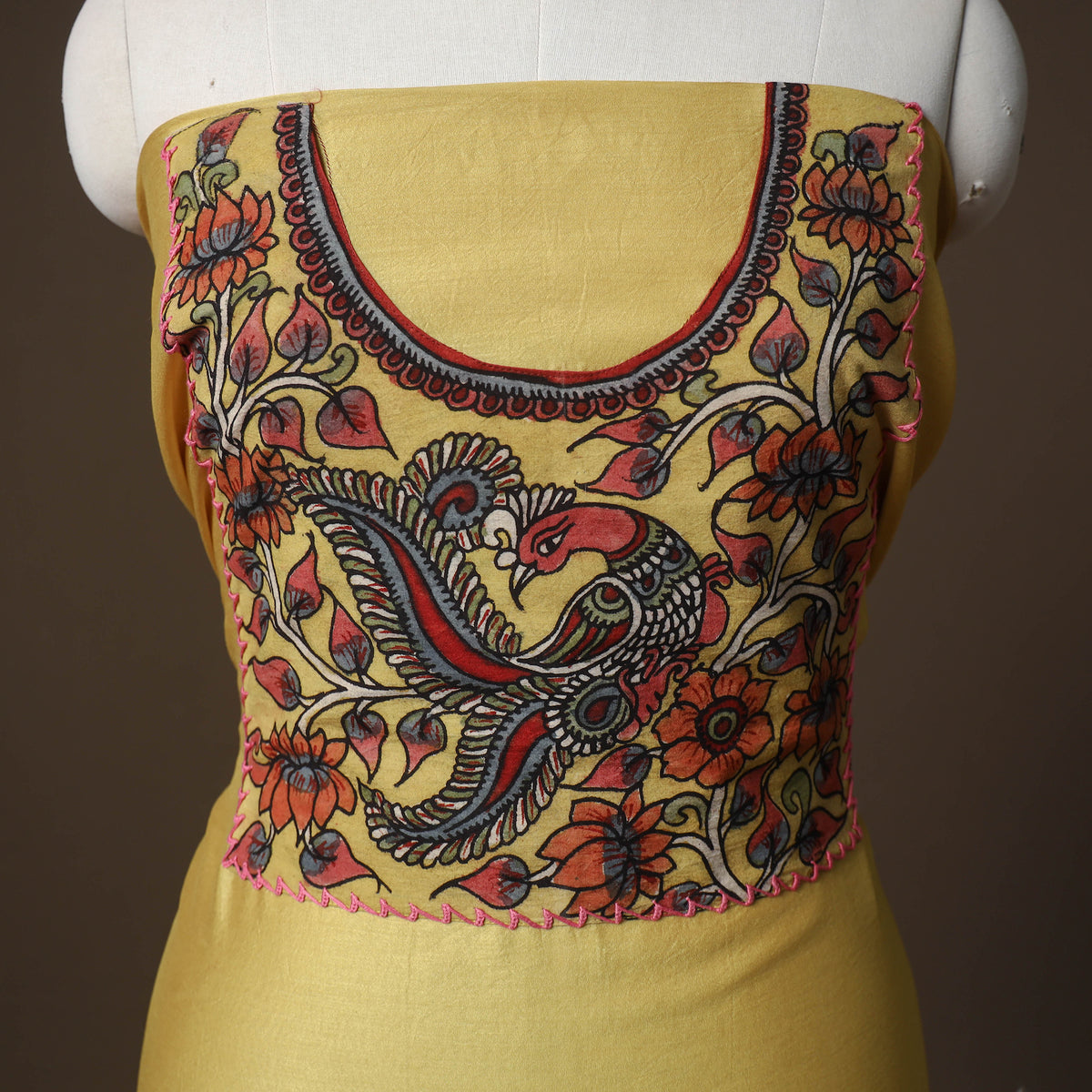Handpainted Srikalahasti Handloom Chanderi Silk Unstitched Kurta (2.5M) 06