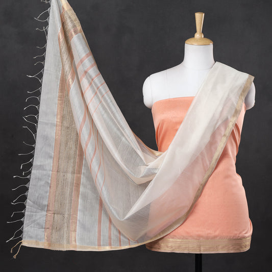 Peach - 2pc Maheshwari Silk Handloom Suit Material Set with Zari Border