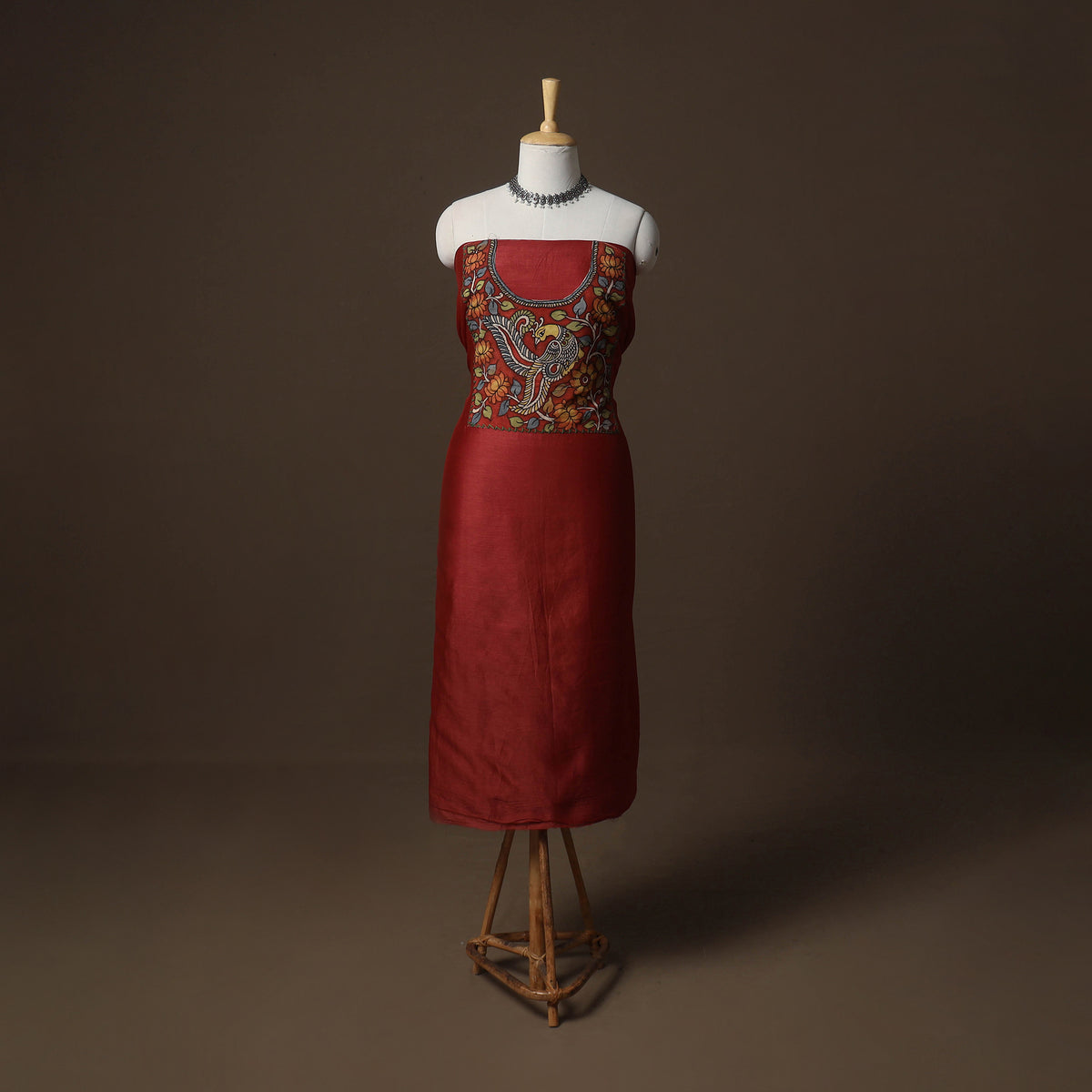 Handpainted Srikalahasti Handloom Chanderi Silk Unstitched Kurta (2.5M) 07