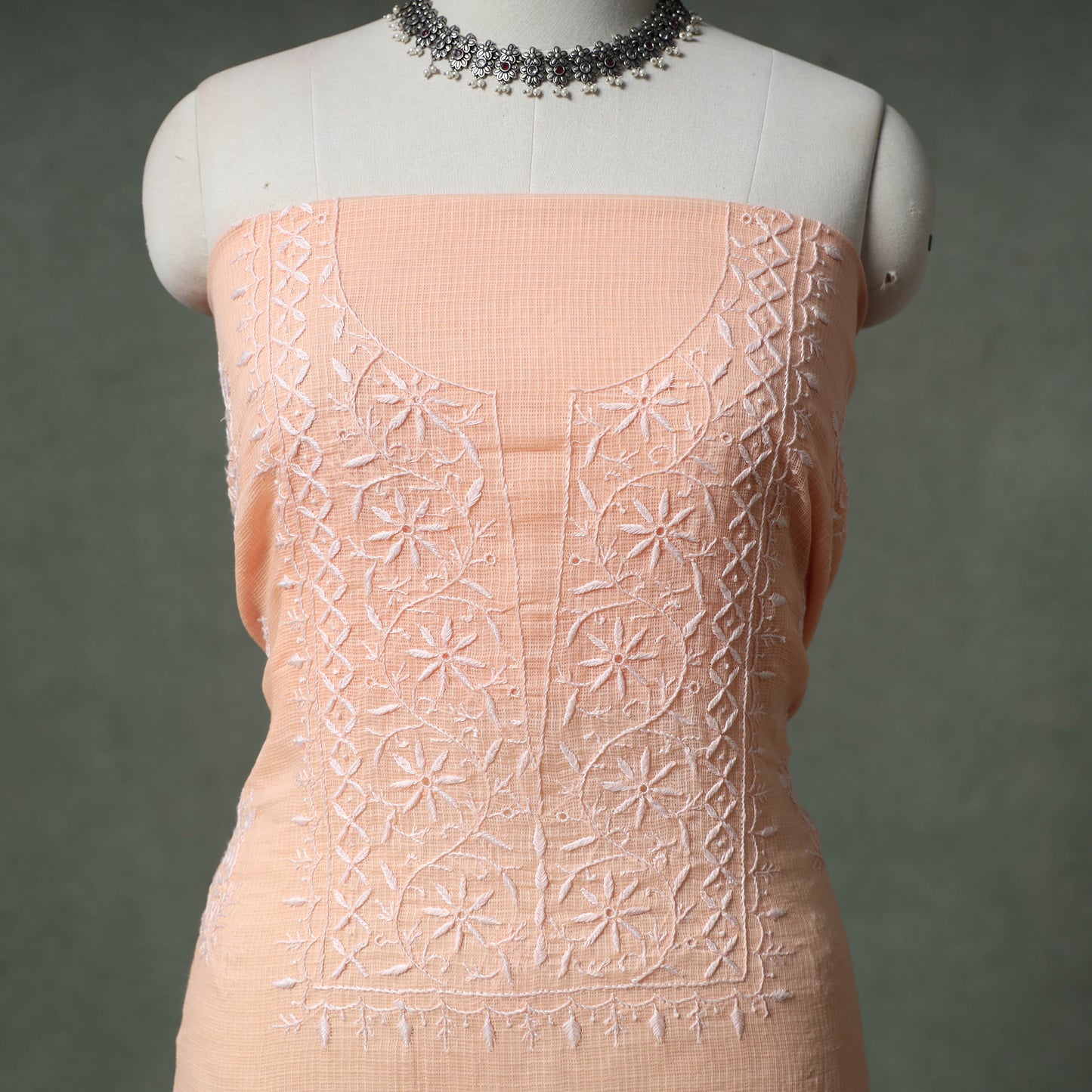 Lucknowi Chikankari Kota Doria Cotton Unstitched Dress Material: Kurta with Dupatta 19
