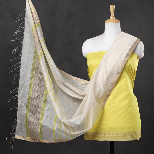 Yellow - 2pc Maheshwari Silk Handloom Suit Material Set with Zari Border