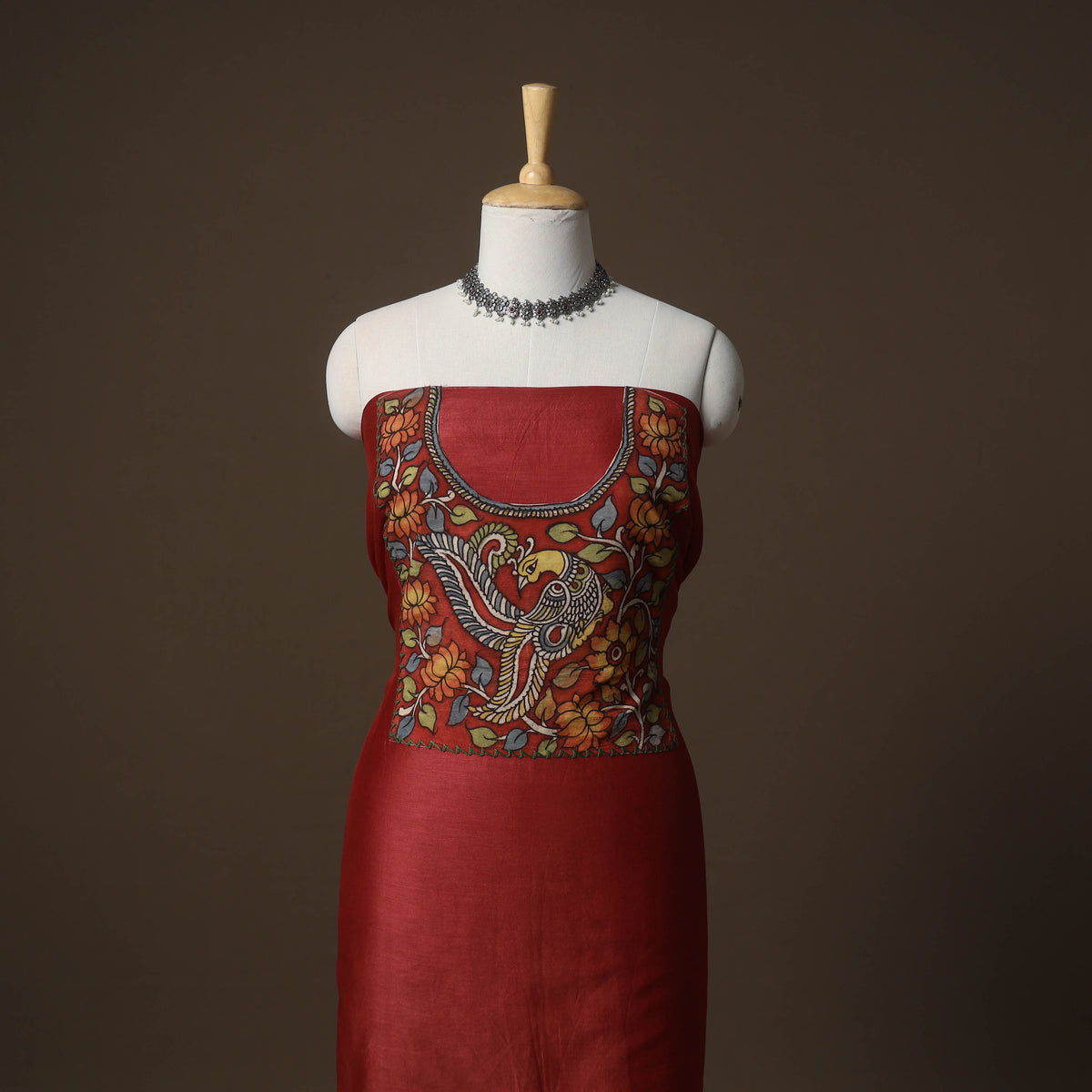 Handpainted Srikalahasti Handloom Chanderi Silk Unstitched Kurta (2.5M) 07