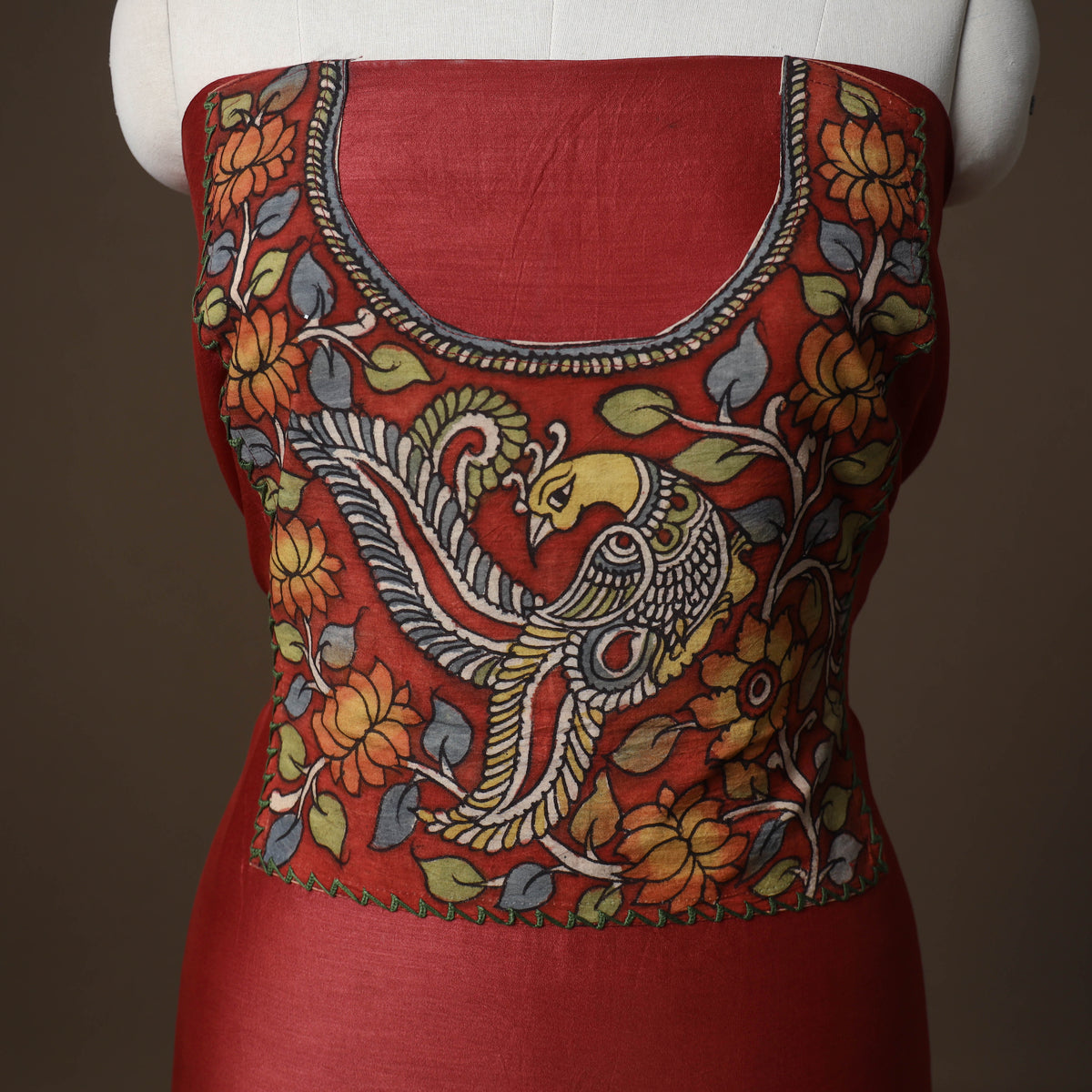 Handpainted Srikalahasti Handloom Chanderi Silk Unstitched Kurta (2.5M) 07