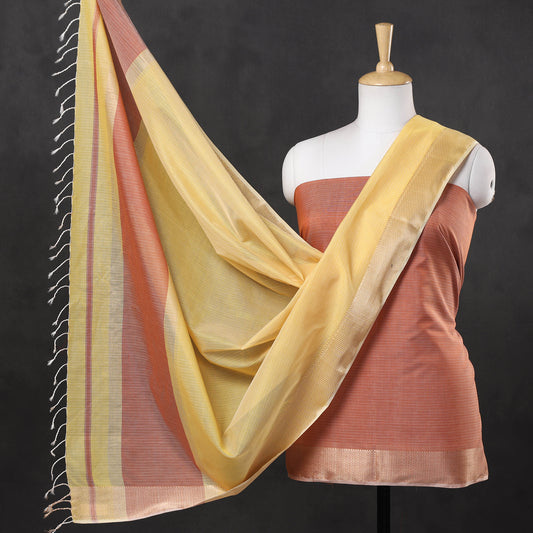 Peach - 2pc Maheshwari Silk Handloom Suit Material Set with Zari Border