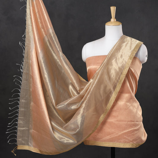 Peach - 2pc Maheshwari Silk Handloom Tissue Zari Stripes Suit Material Set