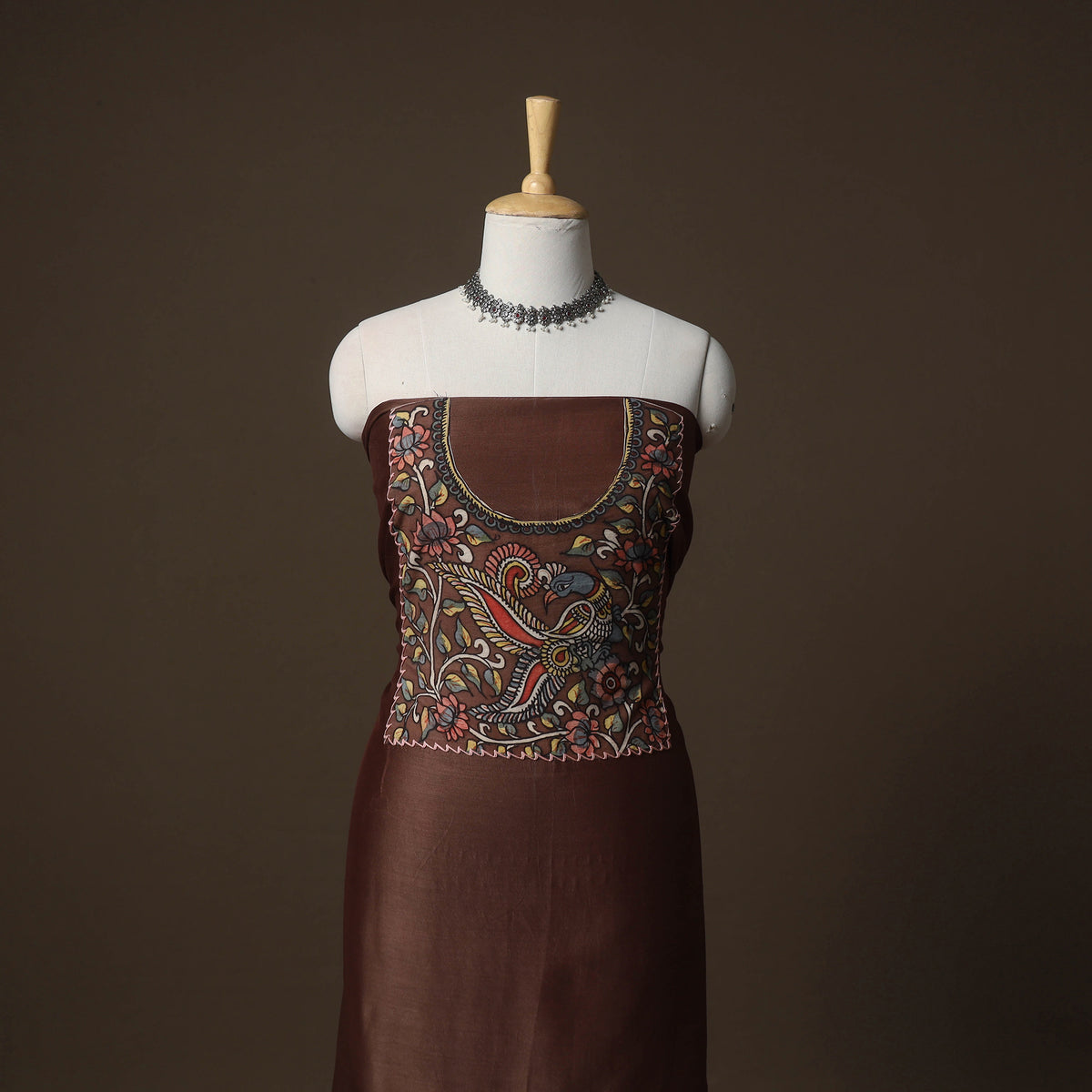 Handpainted Srikalahasti Handloom Chanderi Silk Unstitched Kurta (2.5M) 08
