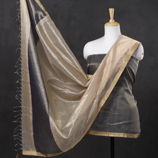 Grey - 2pc Maheshwari Silk Handloom Tissue Zari Stripes Suit Material Set