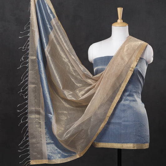 Blue - 2pc Maheshwari Silk Handloom Tissue Zari Stripes Suit Material Set