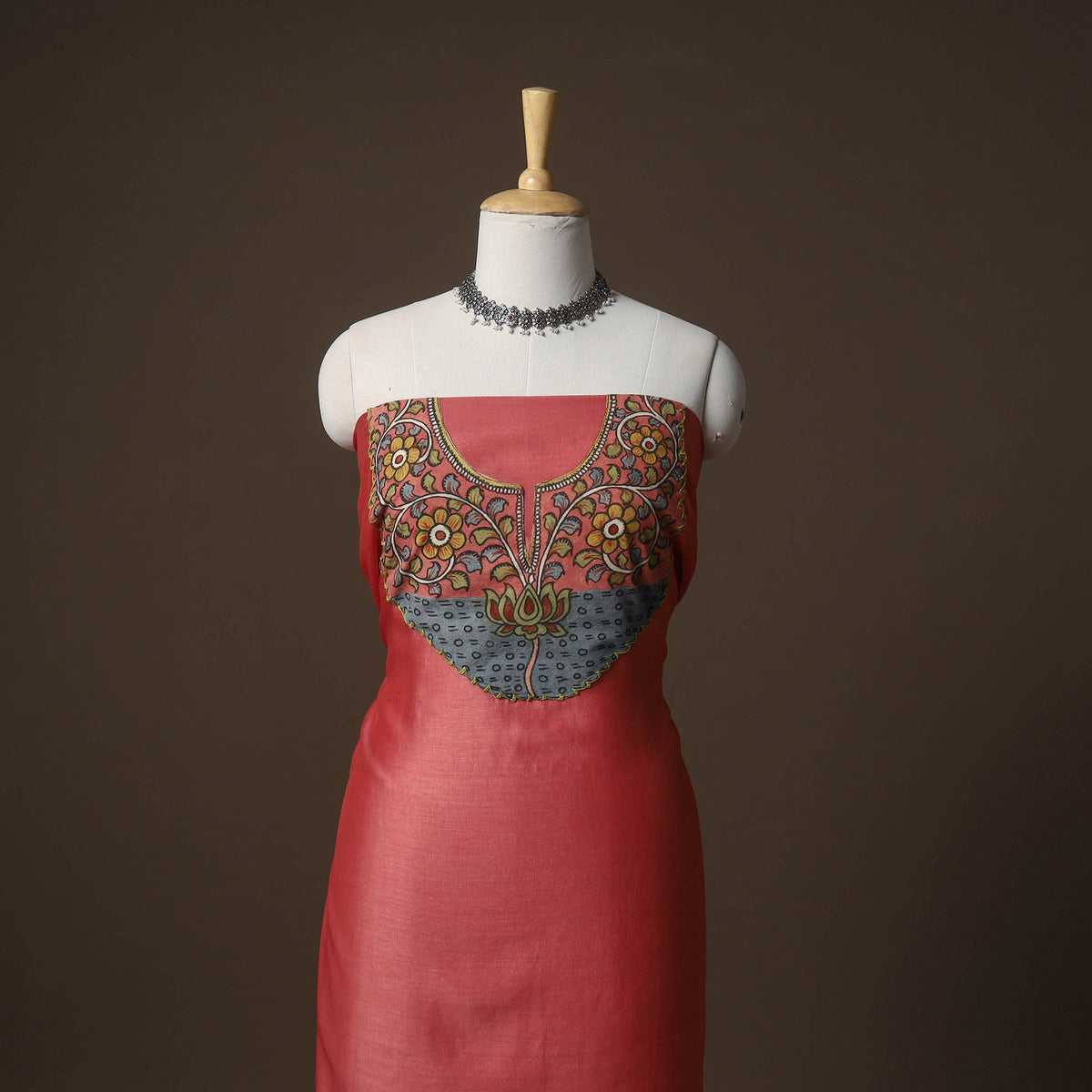Handpainted Srikalahasti Handloom Chanderi Silk Unstitched Kurta (2.5M) 09