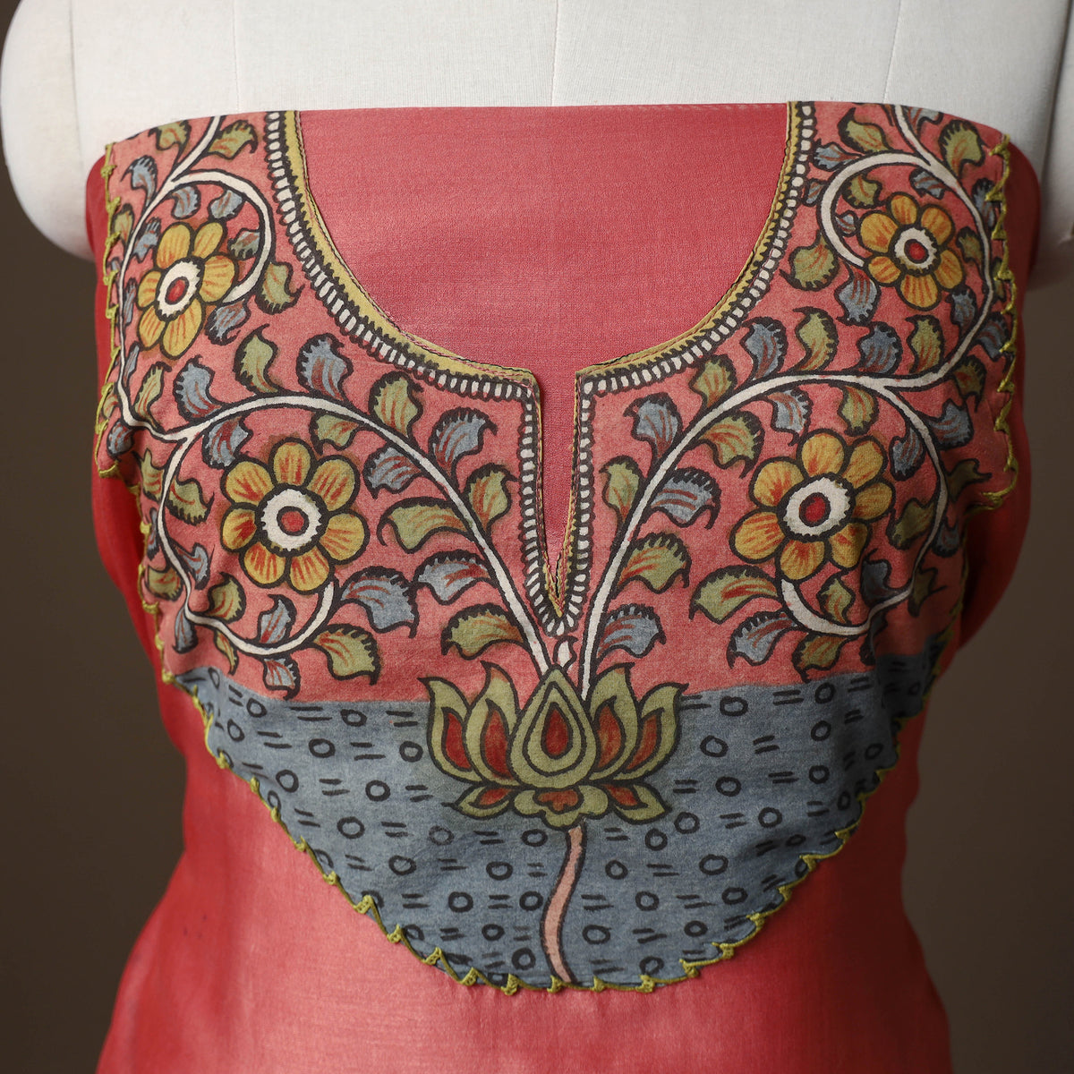 Handpainted Srikalahasti Handloom Chanderi Silk Unstitched Kurta (2.5M) 09