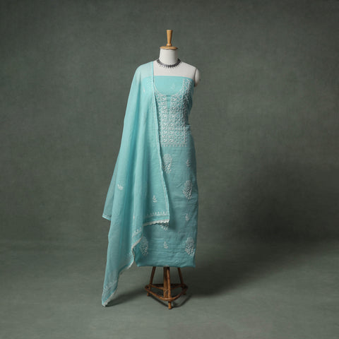 Lucknowi Chikankari Kota Doria Cotton Unstitched Dress Material: Kurta with Dupatta 21