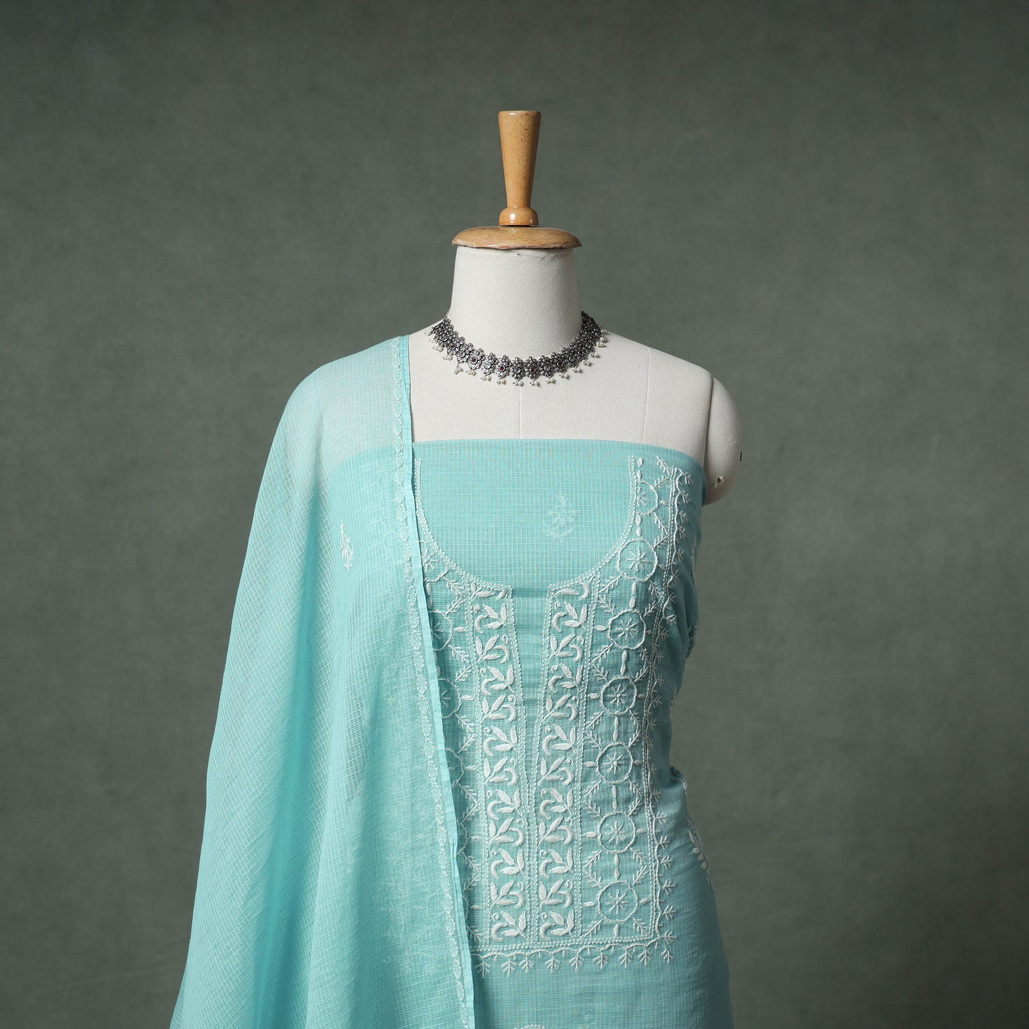 Lucknowi Chikankari Kota Doria Cotton Unstitched Dress Material: Kurta with Dupatta 21