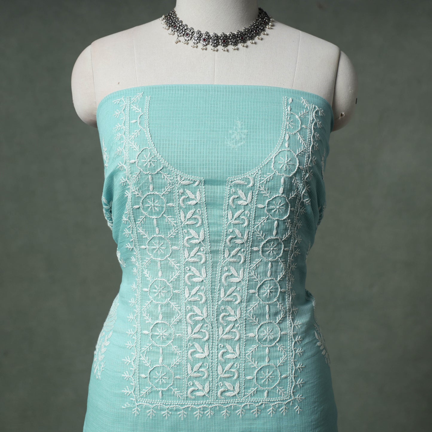 Lucknowi Chikankari Kota Doria Cotton Unstitched Dress Material: Kurta with Dupatta 21