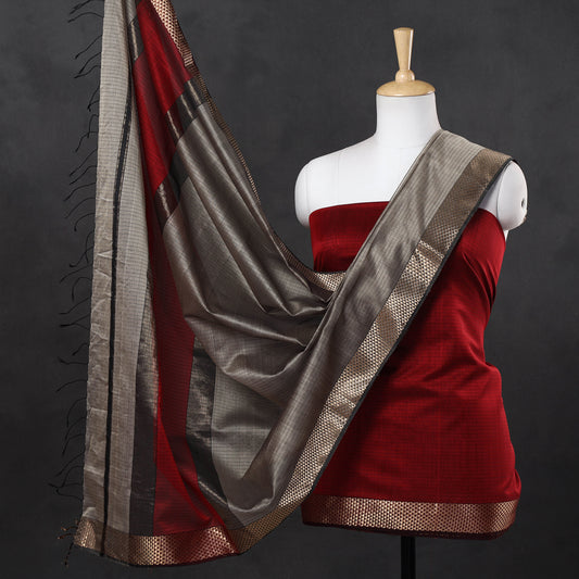 Red - 2pc Maheshwari Silk Handloom Suit Material Set with Zari Border