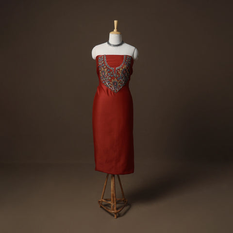 Red - Handpainted Srikalahasti Handloom Chanderi Silk Unstitched Kurta (2.5M) 10