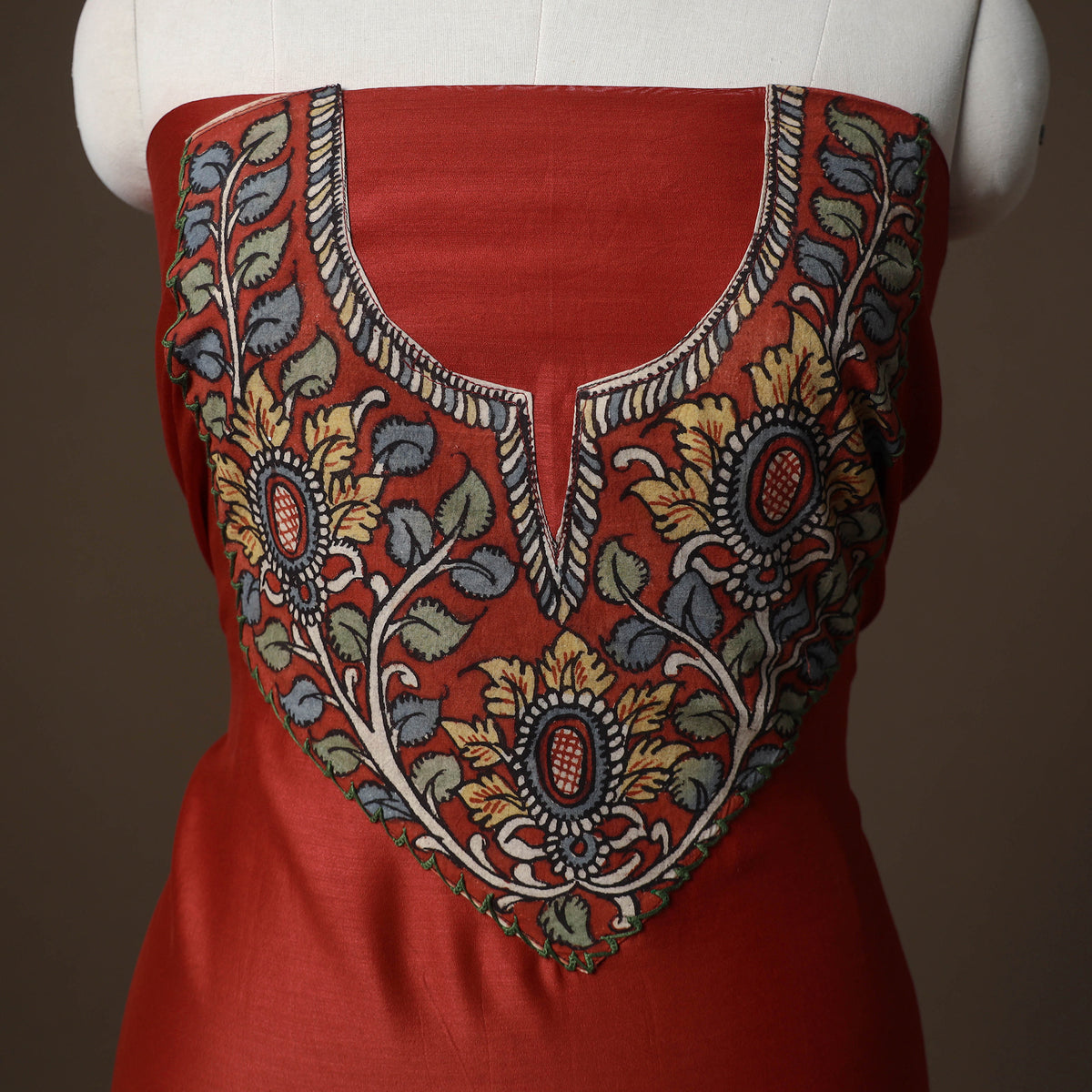 Handpainted Srikalahasti Handloom Chanderi Silk Unstitched Kurta (2.5M) 10