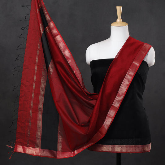 Black - 2pc Maheshwari Silk Handloom Suit Material Set with Zari Border