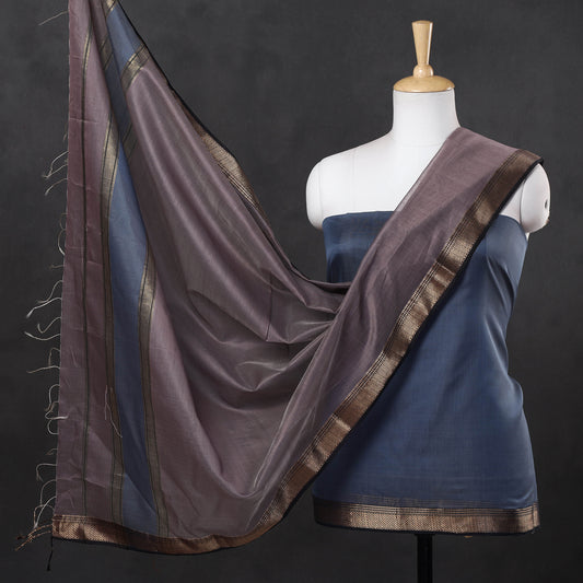Blue - 2pc Maheshwari Silk Handloom Suit Material Set with Zari Border