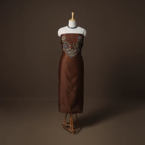Brown - Handpainted Srikalahasti Handloom Chanderi Silk Unstitched Kurta (2.5M) 11