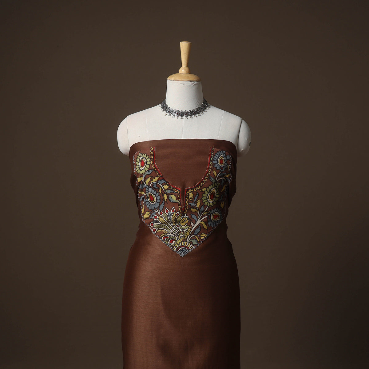 Handpainted Srikalahasti Handloom Chanderi Silk Unstitched Kurta (2.5M) 11