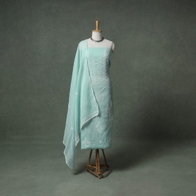 Lucknowi Chikankari Kota Doria Cotton Unstitched Dress Material: Kurta with Dupatta 22