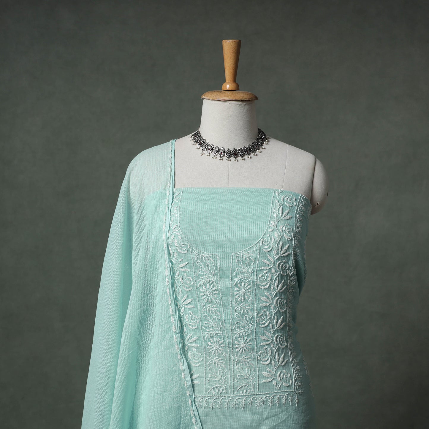 Lucknowi Chikankari Kota Doria Cotton Unstitched Dress Material: Kurta with Dupatta 22