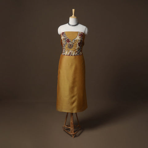 Yellow - Handpainted Srikalahasti Handloom Chanderi Silk Unstitched Kurta (2.5M) 12