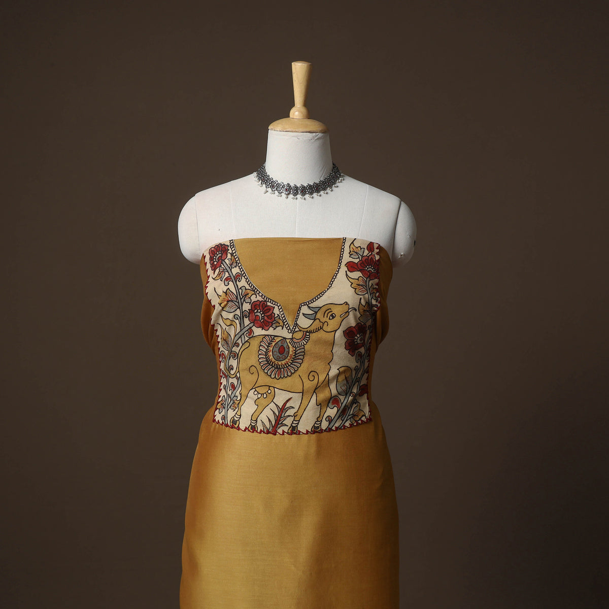 Handpainted Srikalahasti Handloom Chanderi Silk Unstitched Kurta (2.5M) 12