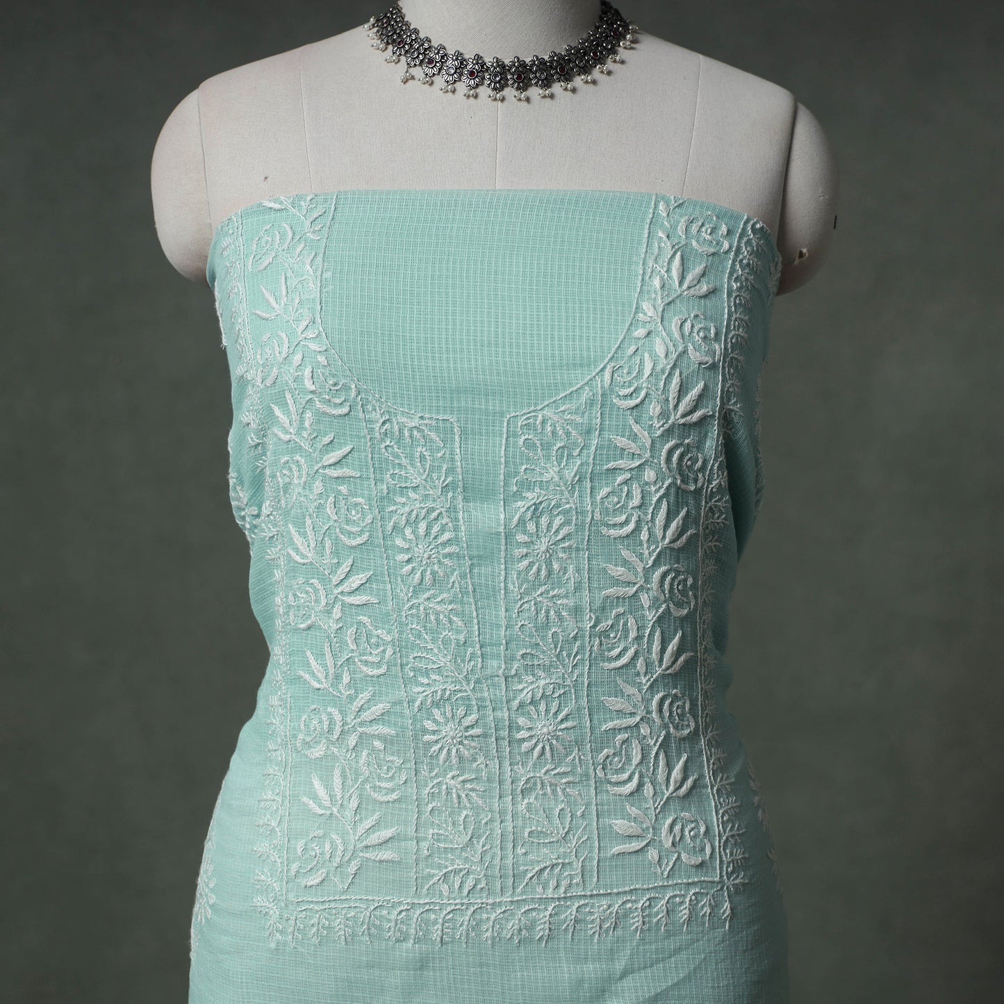 Lucknowi Chikankari Kota Doria Cotton Unstitched Dress Material: Kurta with Dupatta 22