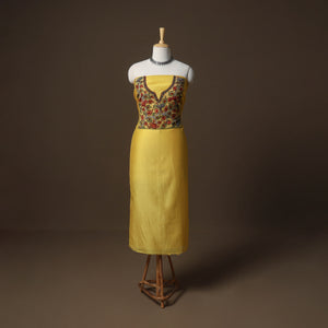 Yellow - Handpainted Srikalahasti Handloom Chanderi Silk Unstitched Kurta (2.5M) 13