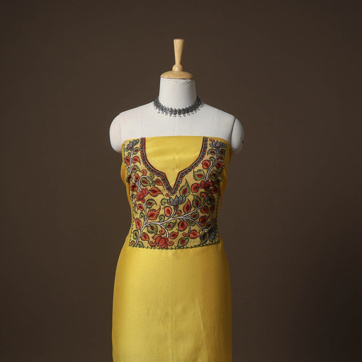 Handpainted Srikalahasti Handloom Chanderi Silk Unstitched Kurta (2.5M) 13
