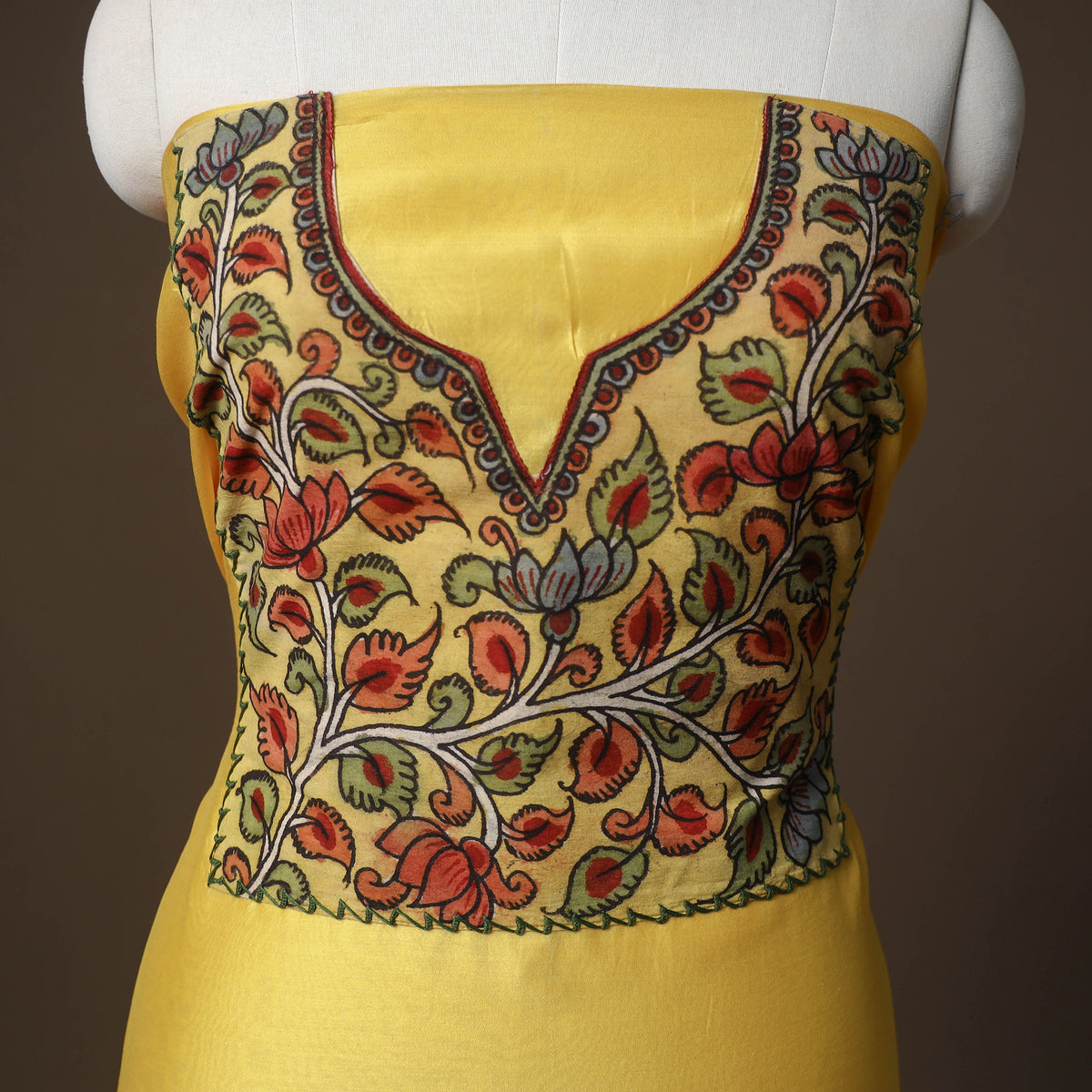 Handpainted Srikalahasti Handloom Chanderi Silk Unstitched Kurta (2.5M) 13