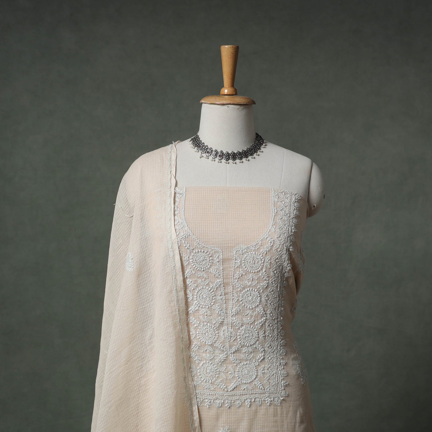 Lucknowi Chikankari Kota Doria Cotton Unstitched Dress Material: Kurta with Dupatta 24