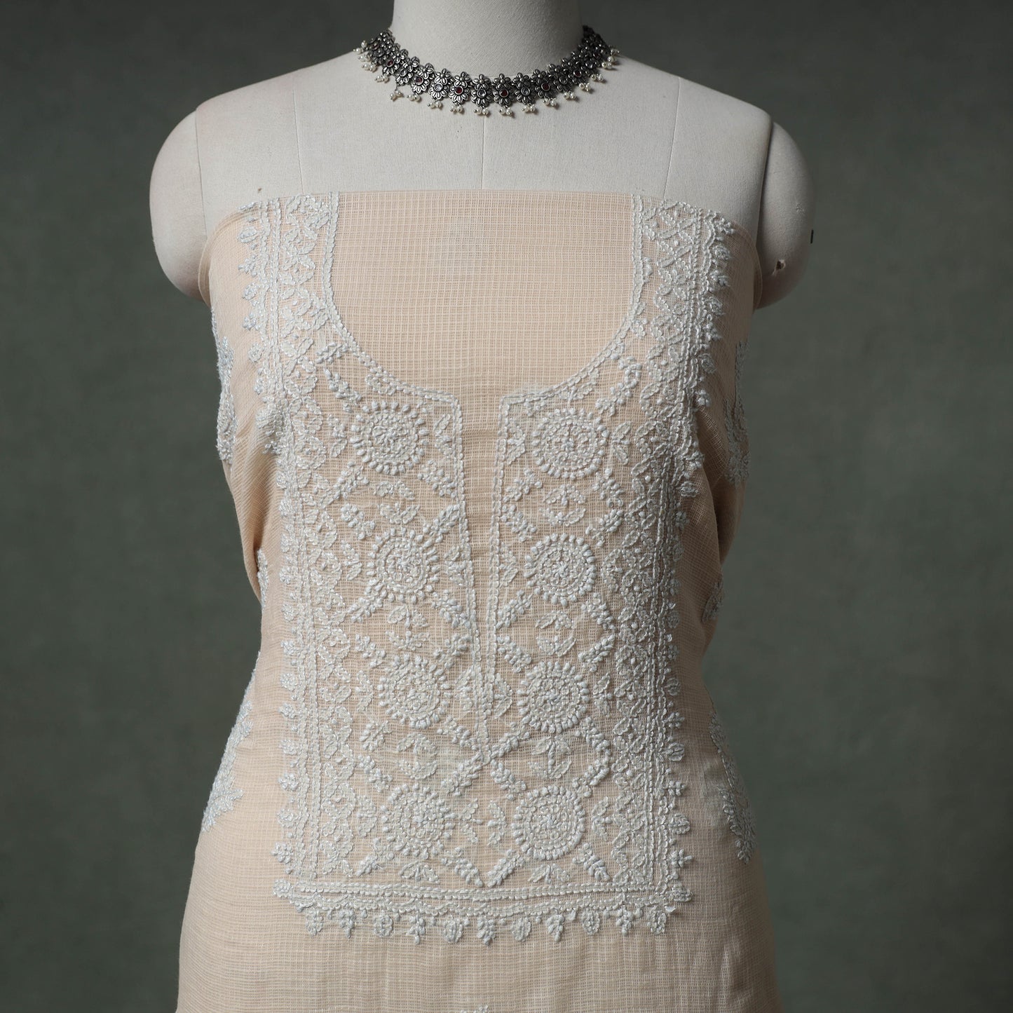 Lucknowi Chikankari Kota Doria Cotton Unstitched Dress Material: Kurta with Dupatta 24