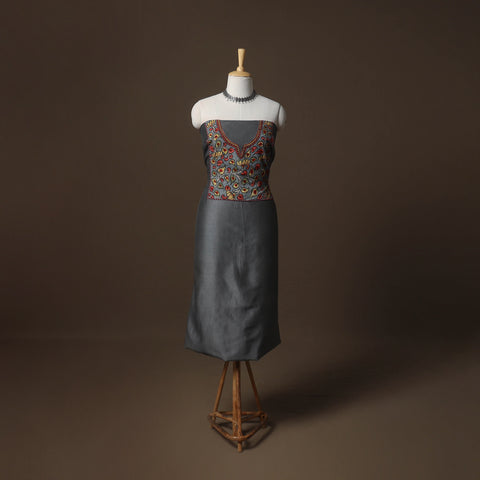 Grey - Handpainted Srikalahasti Handloom Chanderi Silk Unstitched Kurta (2.5M) 15
