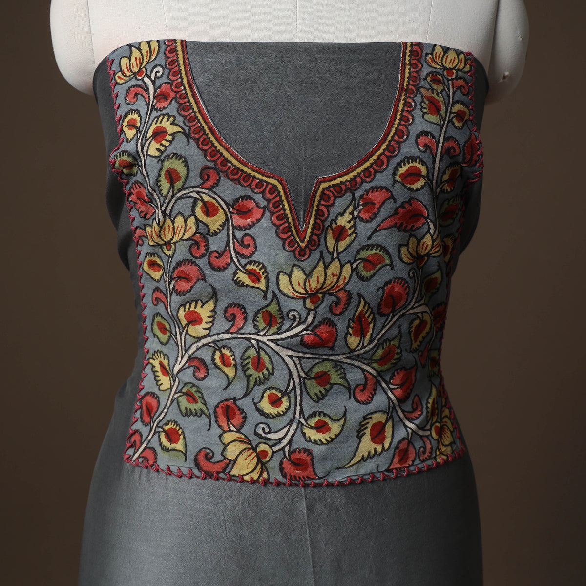 Handpainted Srikalahasti Handloom Chanderi Silk Unstitched Kurta (2.5M) 15