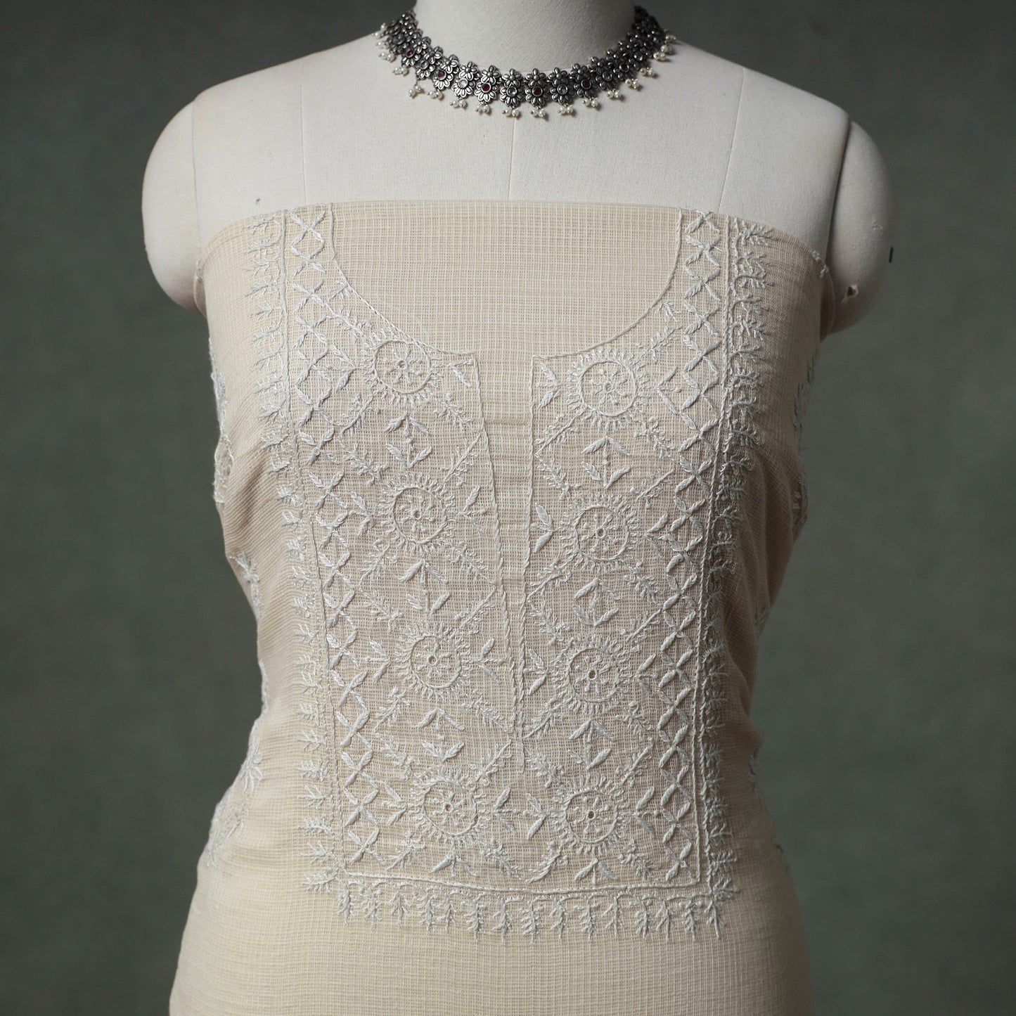 Lucknowi Chikankari Kota Doria Cotton Unstitched Dress Material: Kurta with Dupatta 23