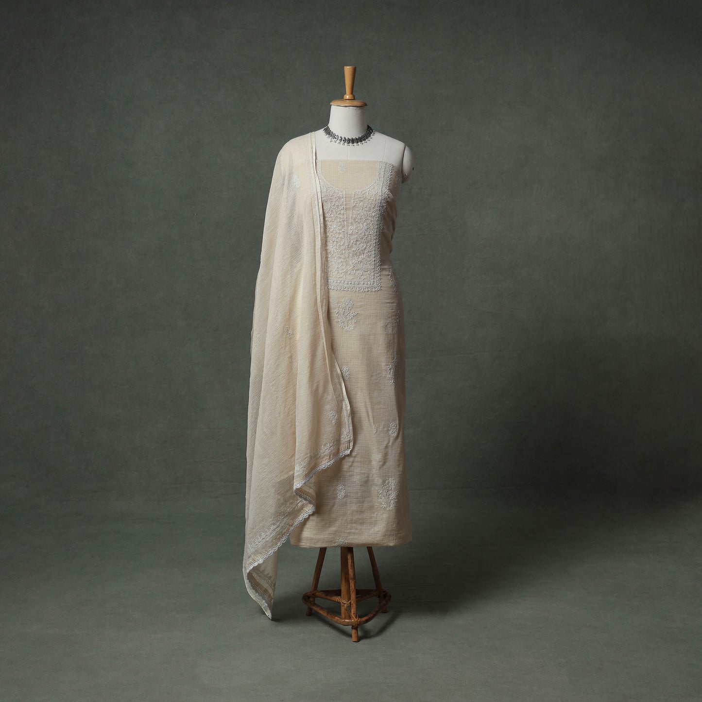 Lucknowi Chikankari Kota Doria Cotton Unstitched Dress Material: Kurta with Dupatta 25