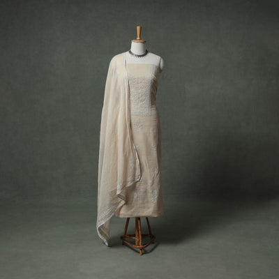 Lucknowi Chikankari Kota Doria Cotton Unstitched Dress Material: Kurta with Dupatta 25