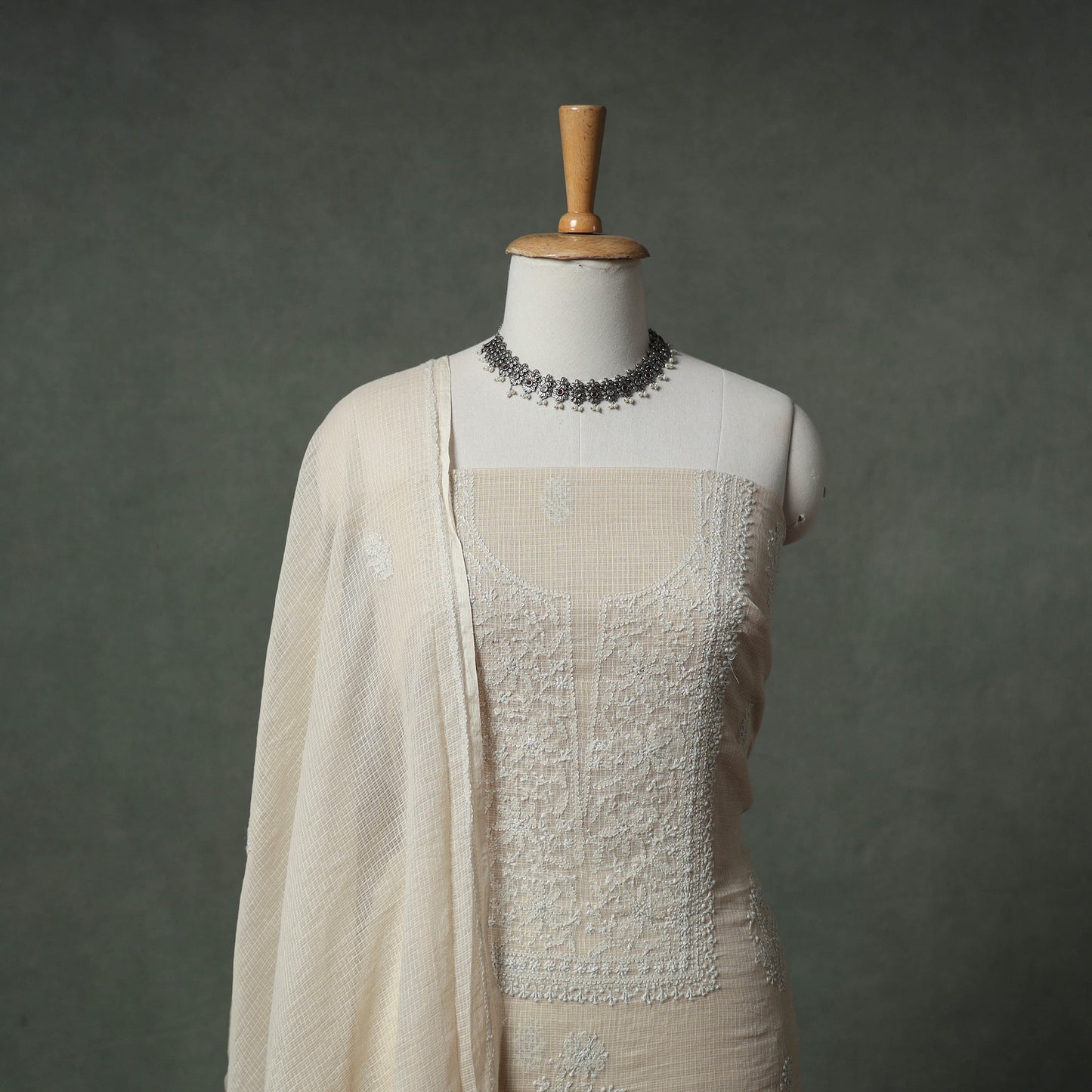 Lucknowi Chikankari Kota Doria Cotton Unstitched Dress Material: Kurta with Dupatta 25