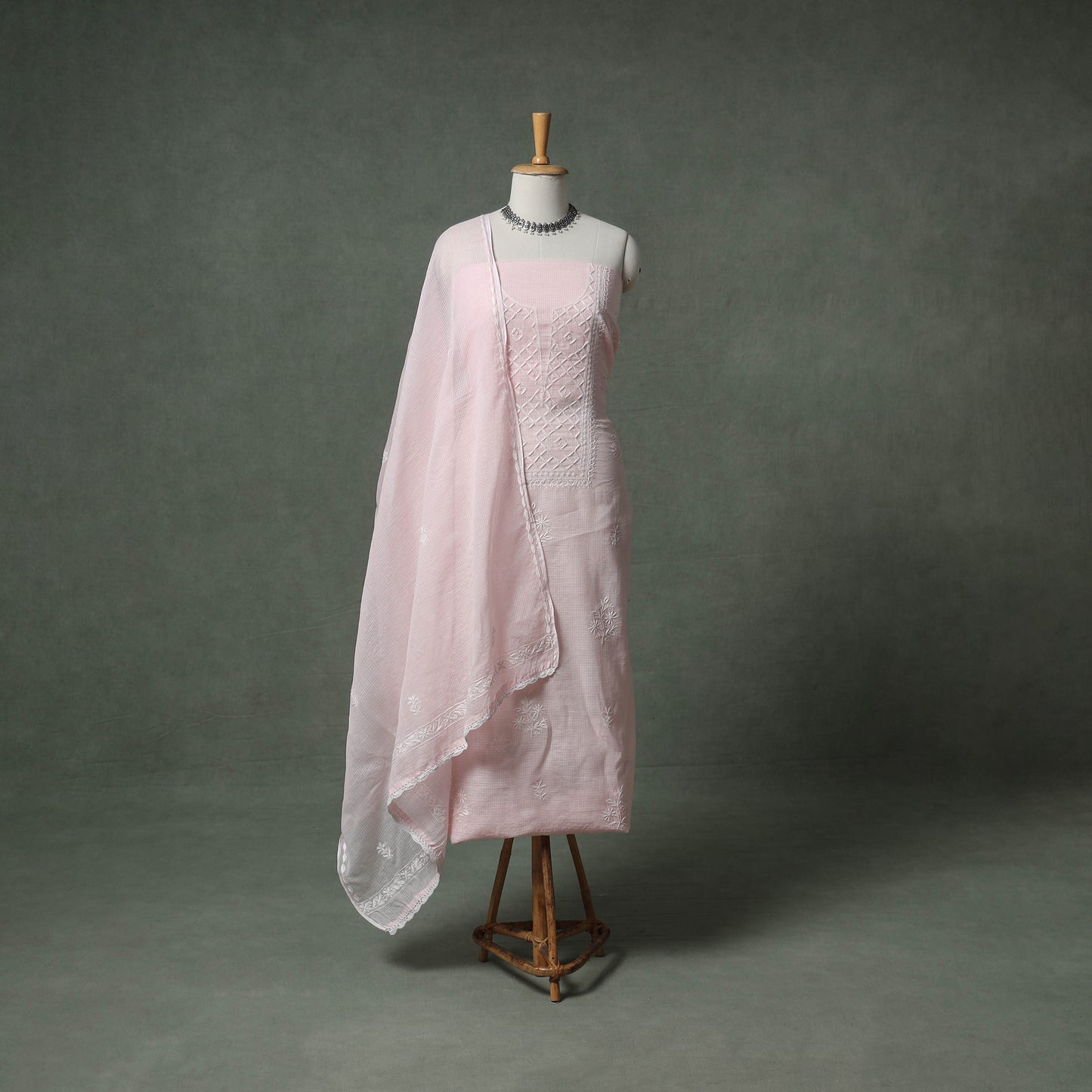 Lucknowi Chikankari Kota Doria Cotton Unstitched Dress Material: Kurta with Dupatta 28