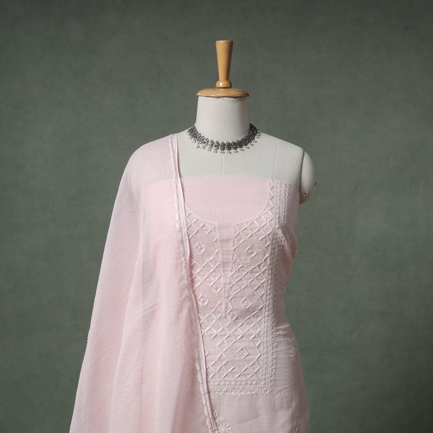 Lucknowi Chikankari Kota Doria Cotton Unstitched Dress Material: Kurta with Dupatta 28