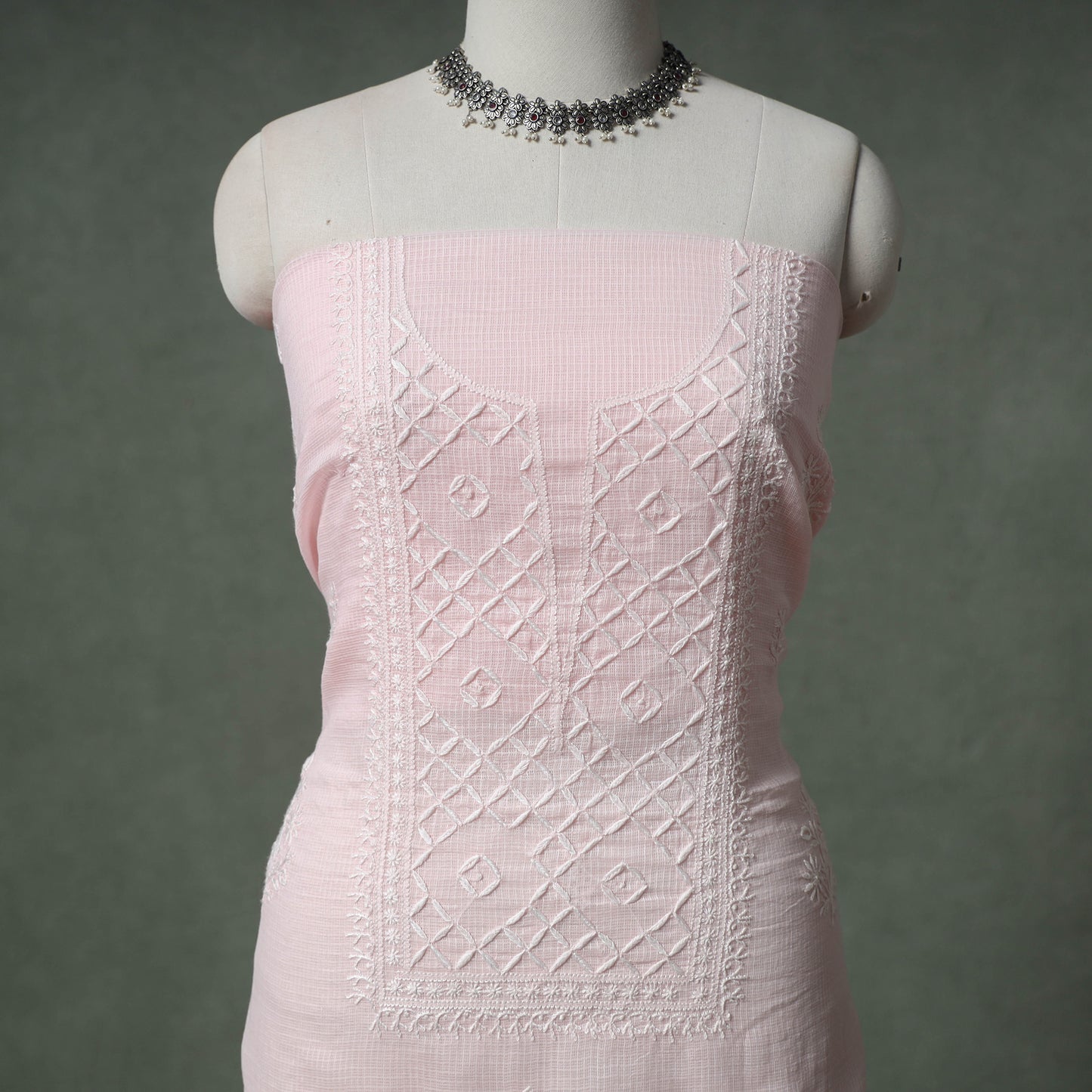 Lucknowi Chikankari Kota Doria Cotton Unstitched Dress Material: Kurta with Dupatta 28
