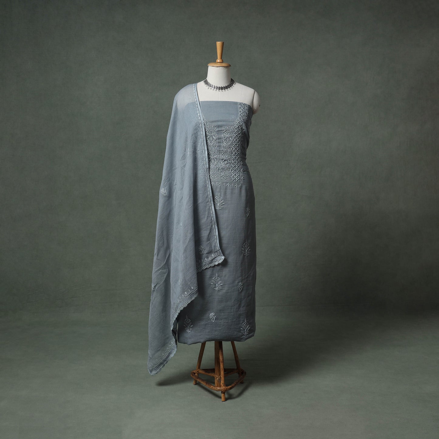 Lucknowi Chikankari Kota Doria Cotton Unstitched Dress Material: Kurta with Dupatta 26