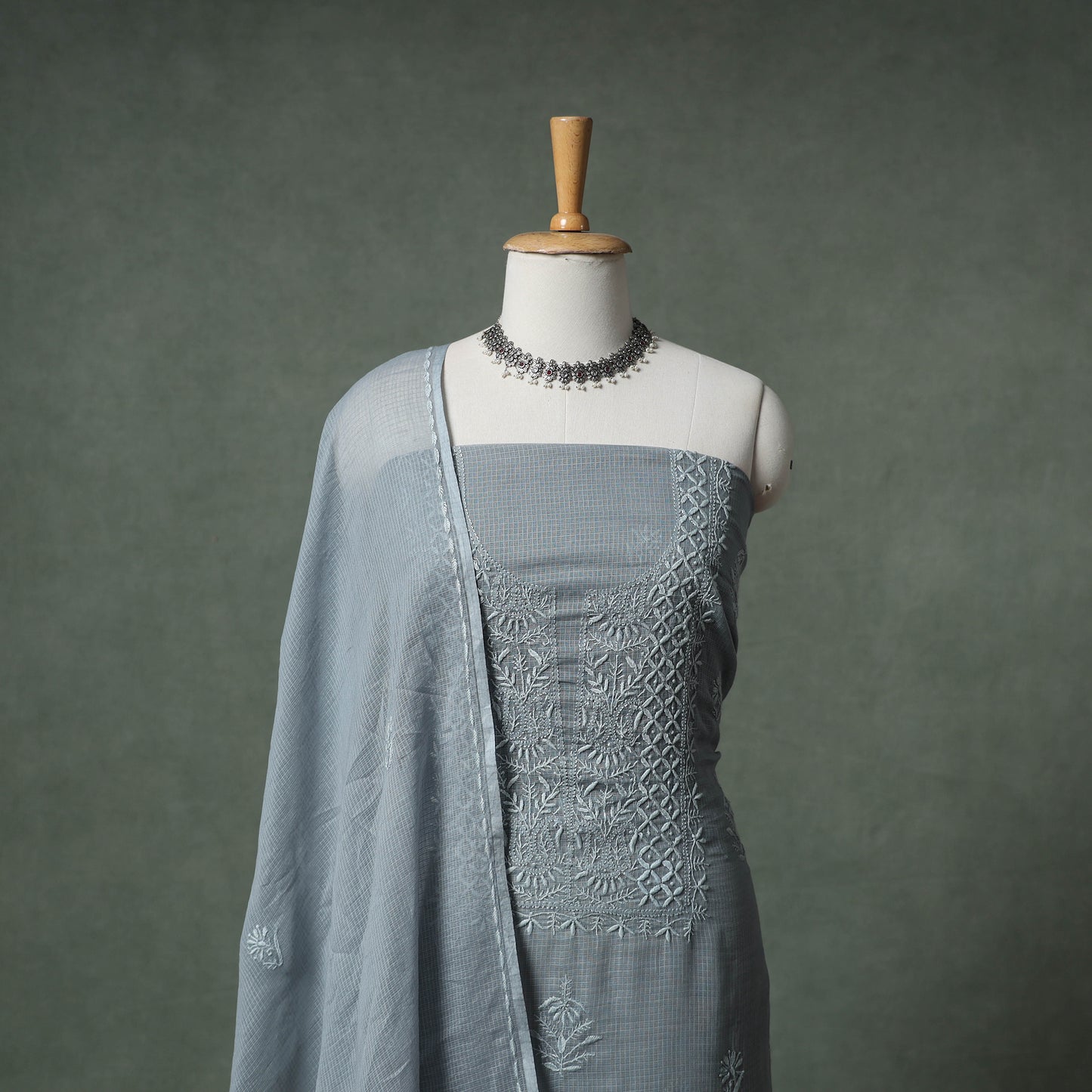 Lucknowi Chikankari Kota Doria Cotton Unstitched Dress Material: Kurta with Dupatta 26