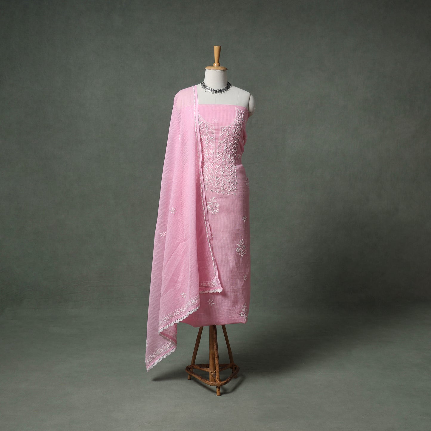 Lucknowi Chikankari Kota Doria Cotton Unstitched Dress Material: Kurta with Dupatta 29