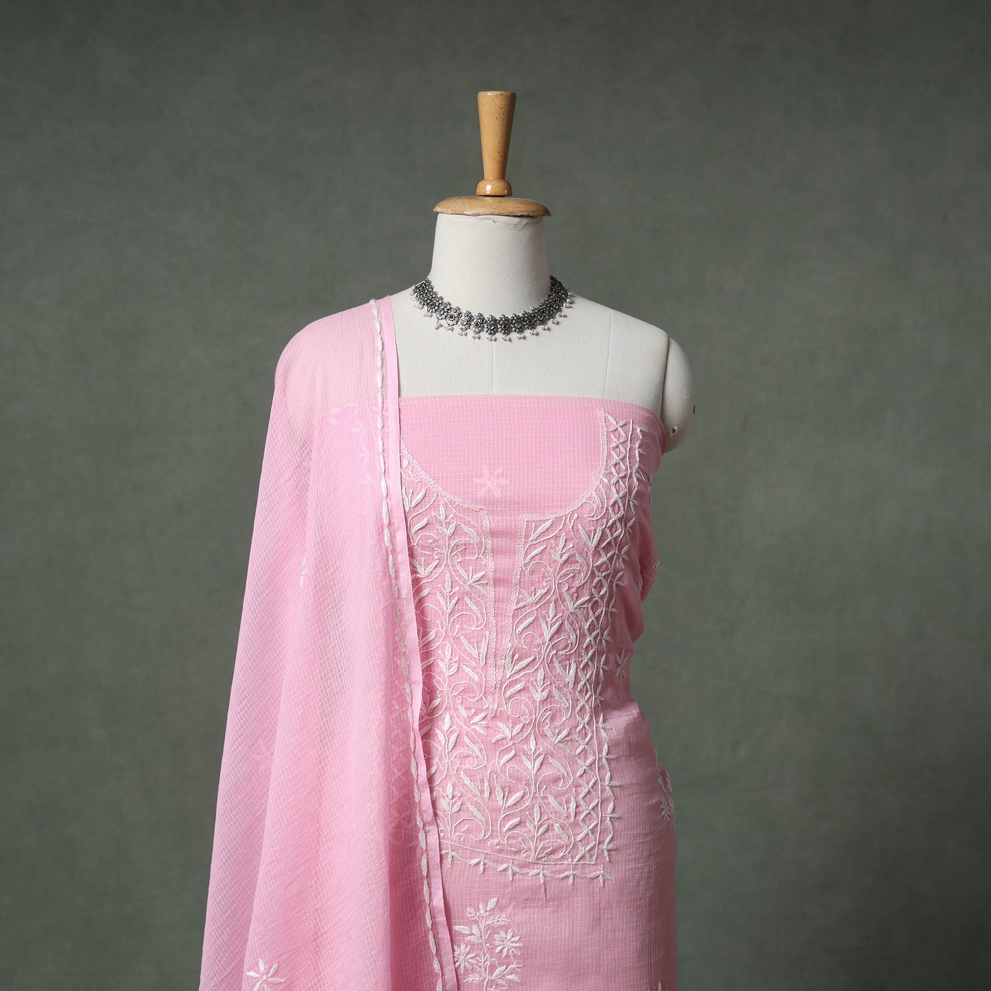 Lucknowi Chikankari Kota Doria Cotton Unstitched Dress Material: Kurta with Dupatta 29