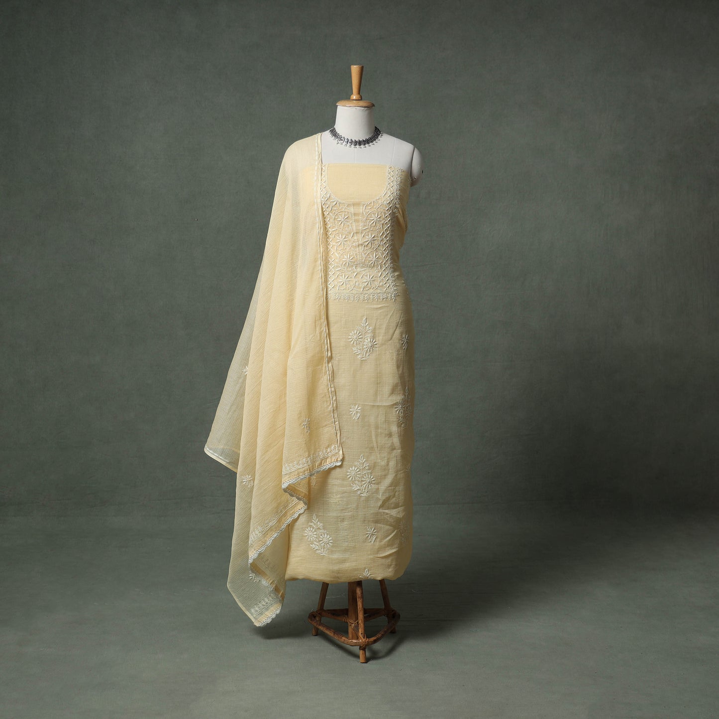 Lucknowi Chikankari Kota Doria Cotton Unstitched Dress Material: Kurta with Dupatta 32
